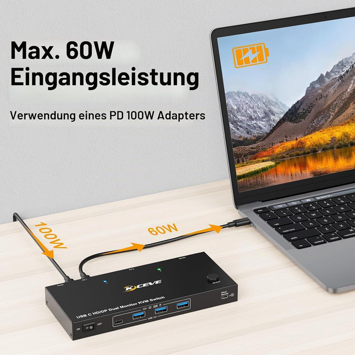 KVM Switch Laptop PC 2 Monitore, KVM Switch 2 PC 2 Monitore USB C DP HDMI Teilen 4 USB 3.0 Ports, 4K