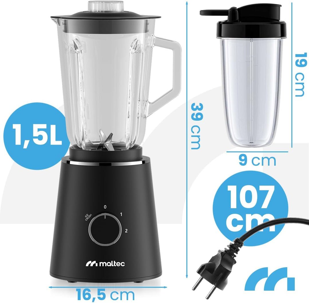 MalTec Standmixer Glas 1,5 L mit 500 ml To-Go-Flasche, 1000 W Motor, 6 Edelstahlklingen, 2 Geschwind