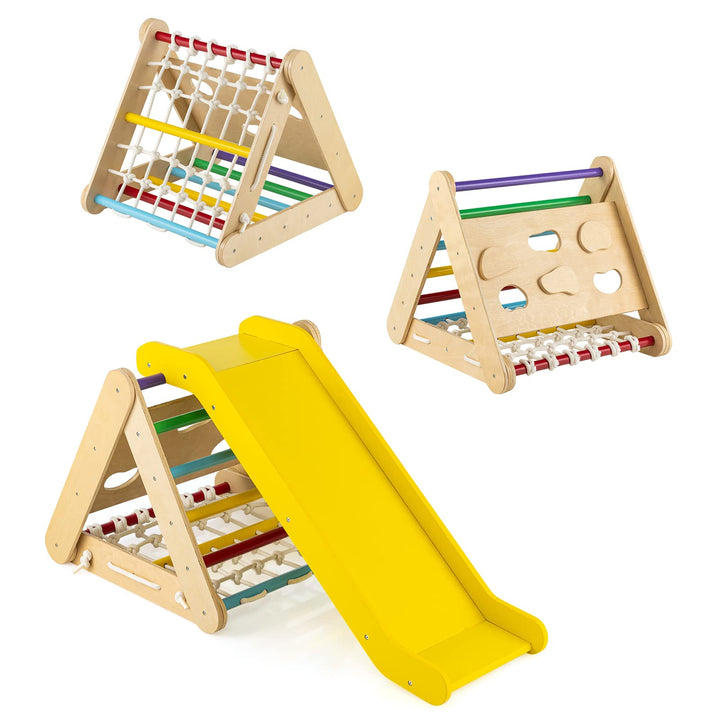COSTWAY 4 in 1 Kletterdreieck mit Rutsche, Klettergerüst aus Holz, Sprossendreieck zum Rutschen und