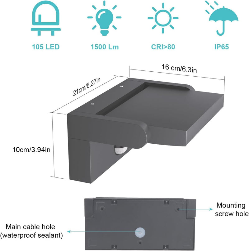 Klighten 24W Aussenwandleuchte Aussenlampe mit Bewegungsmelder IP65 Wandleuchte Innen Aussen Wandlam