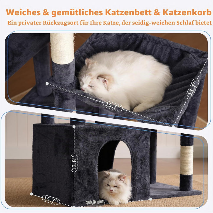 Heybly Kratzbaum 120cm - Grosser Katzenbaum für Erwachsene Katzen mit XL-Basis, Katzenwohnung mit Me