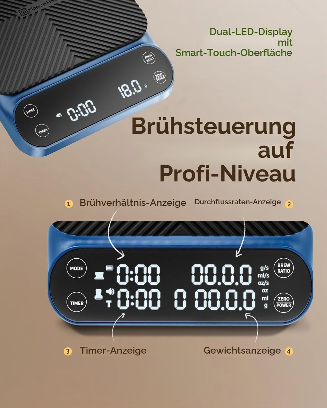 Maestri House S3 Kaffeewaage mit Timer, 3kg/0,1g Wiederaufladbar Digitale Espresso Waage, 3 Brühmodi