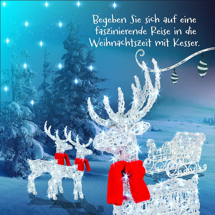 KESSER® 240er LED Rentiere mit Schlitten weiss Timer Inkl. 2X Dekoschal Weihnachtsbeleuchtung für au