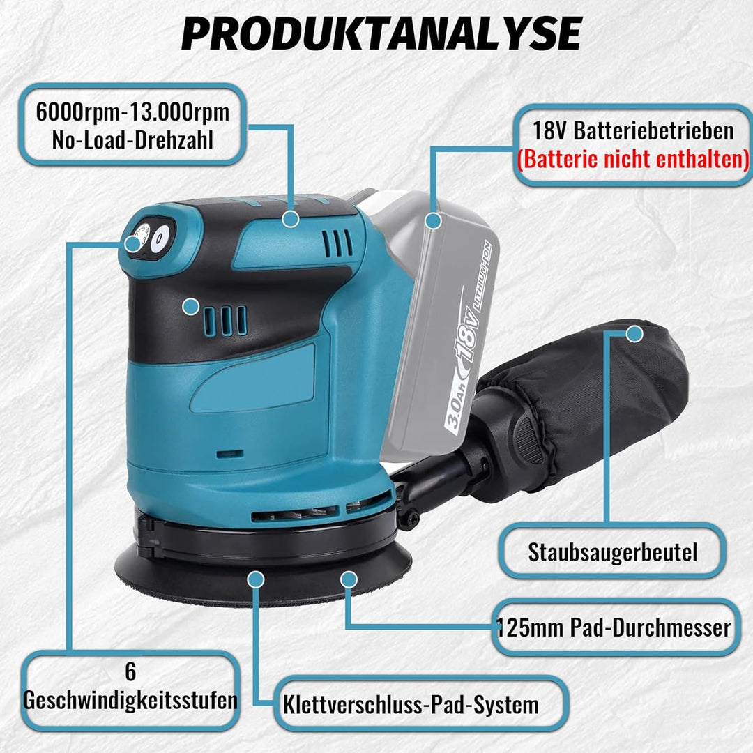 Akku-Exzenterschleifer mit 2 3000mAh, 125mm Exzenterschleifer Akku 18v Ersatz für Makita DBO180Z, 15