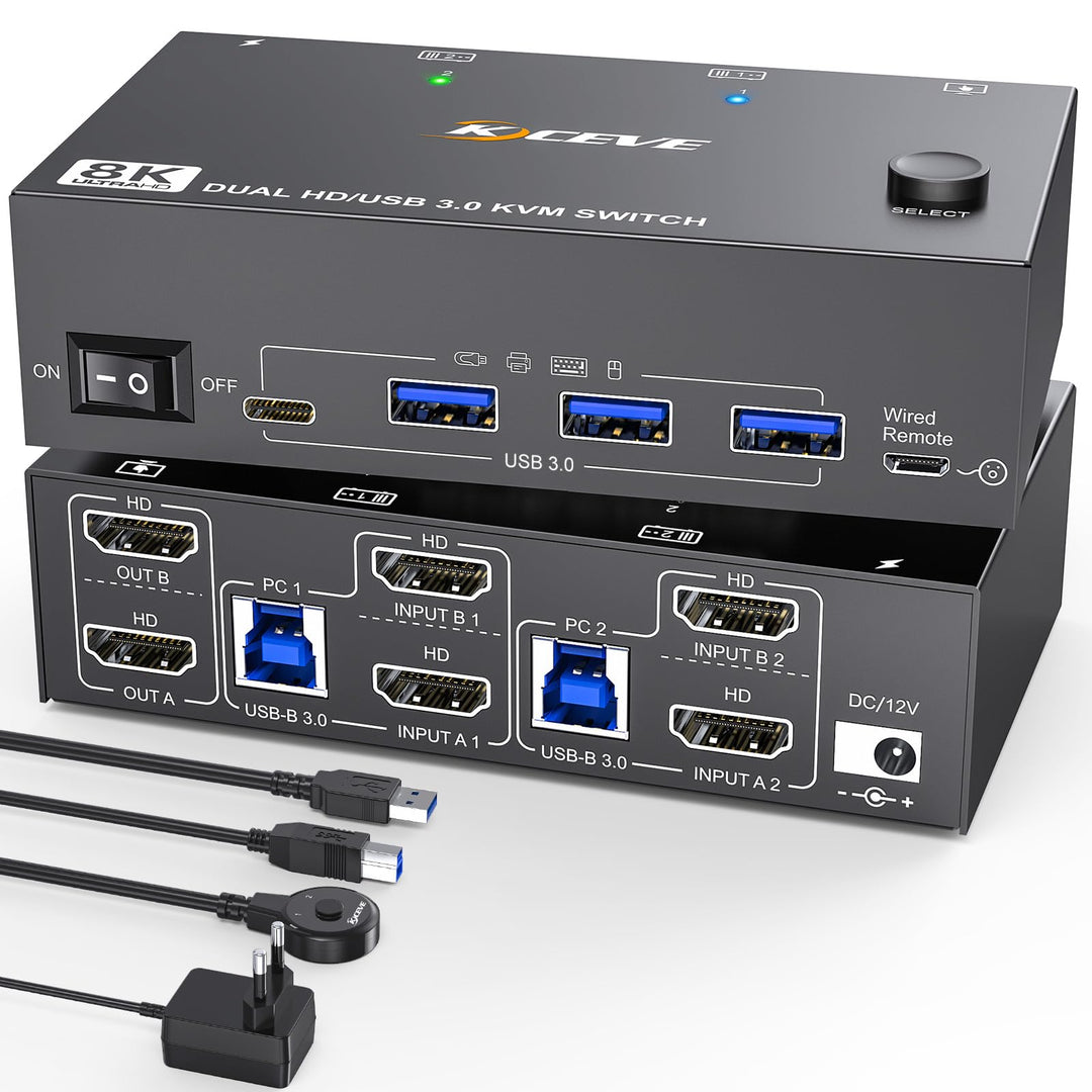 HDMI KVM Switch 2 PC 2 Monitore 8K@60Hz 4K@144Hz, Camgeet Dual Monitor KVM Switch für 2 PC teilen 2