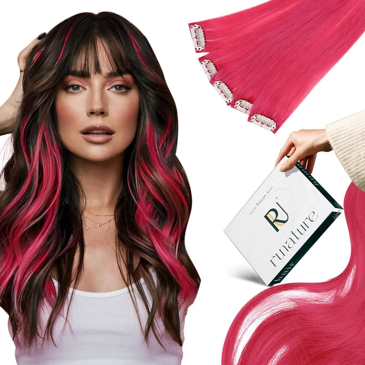 RUNATURE Clip in Extensions Echthaar HotPink Bunt Clip in Human Hair Extensions Colorful Clip in Haa