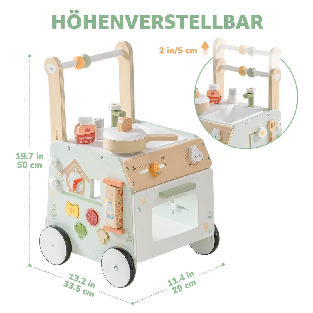 ROBUD Hölzerne Lauflernhilfe, verstellbare Lauflernhilfe mit sensorischem Spiel und Aufbewahrungskor