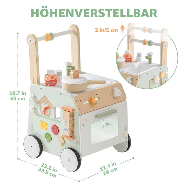 ROBUD Hölzerne Lauflernhilfe, verstellbare Lauflernhilfe mit sensorischem Spiel und Aufbewahrungskor
