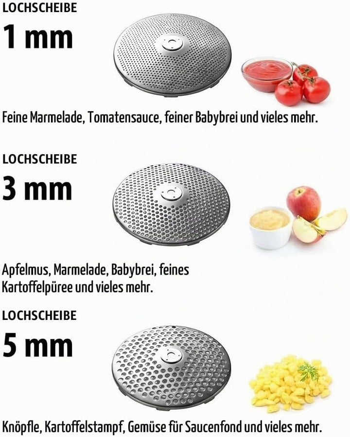 GEFU Passiergerät Flotte Lotte - manuelle Edelstahl-Passiermühle inkl. 3 Lochscheiben mit unterschie