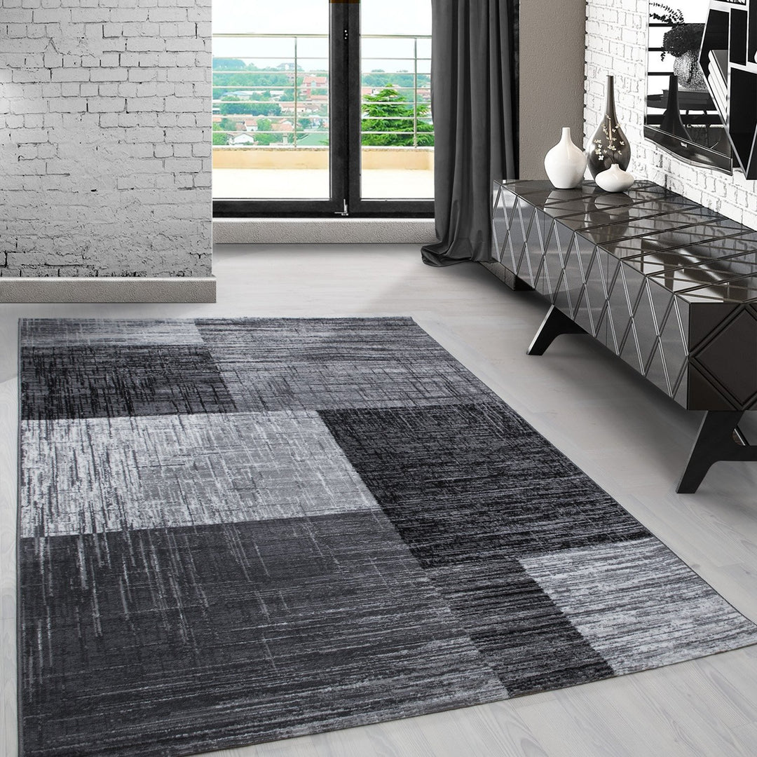 Carpetsale24 Teppich Wohnzimmer Abstrakt Kariert Design Schwarz Meliert 240 x 340 cm - Kurzflor Tepp