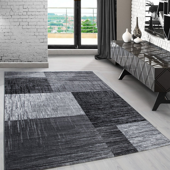 Carpetsale24 Teppich Wohnzimmer Abstrakt Kariert Design Schwarz Meliert 240 x 340 cm - Kurzflor Tepp