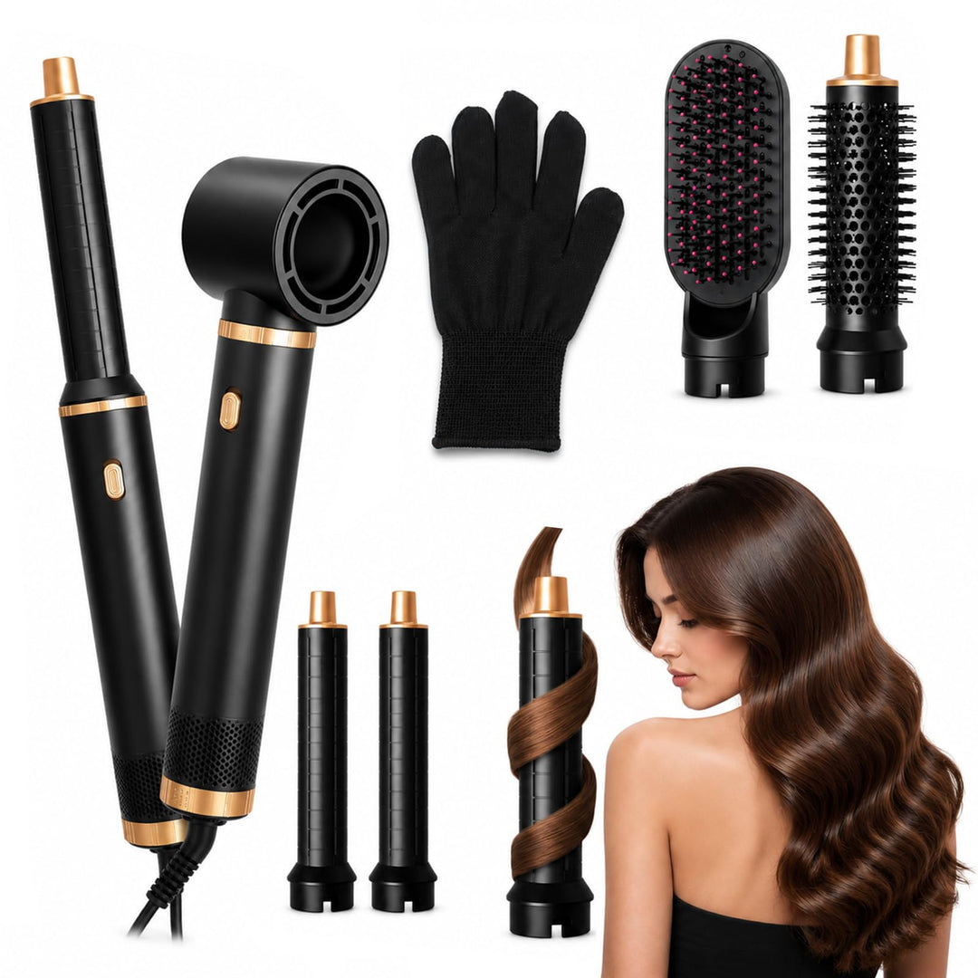 Hairstyler 5 in 1, Multi Haarstyler Heissluft, Föhn mit Lockenaufsatz, Lockenstyler &amp; Glättbürste, A