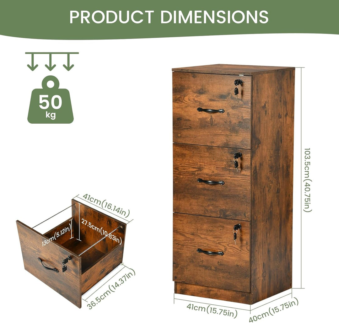 Aktenschrank Abschliessbar, Büroschrank Holz mit 3 Schubladen, Mehrzweckschrank 40 cm Breit, Schubla