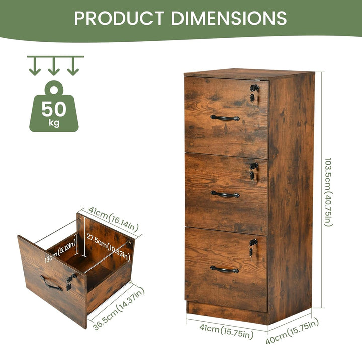 Aktenschrank Abschliessbar, Büroschrank Holz mit 3 Schubladen, Mehrzweckschrank 40 cm Breit, Schubla