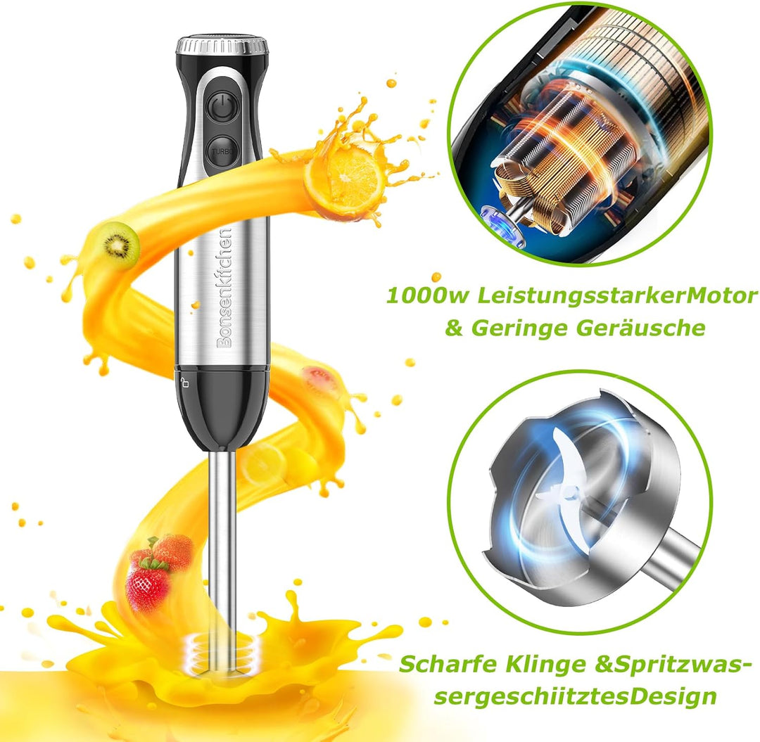 Bonsenkitchen Stabmixer 4-in-1, 1000W Elektrischer Pürierstab mit stufenloser Geschwindigkeitsregelu