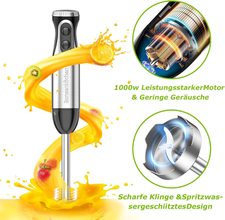 Bonsenkitchen Stabmixer 4-in-1, 1000W Elektrischer Pürierstab mit stufenloser Geschwindigkeitsregelu