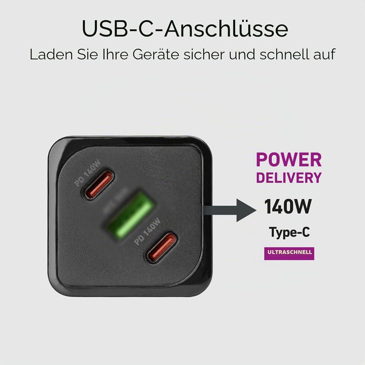 SBS Mehrport-Ladegerät 140W, 2 USB-C-Anschlüsse, 1 USB-A-Anschluss, GaN, Power Delivery, kompakt, id