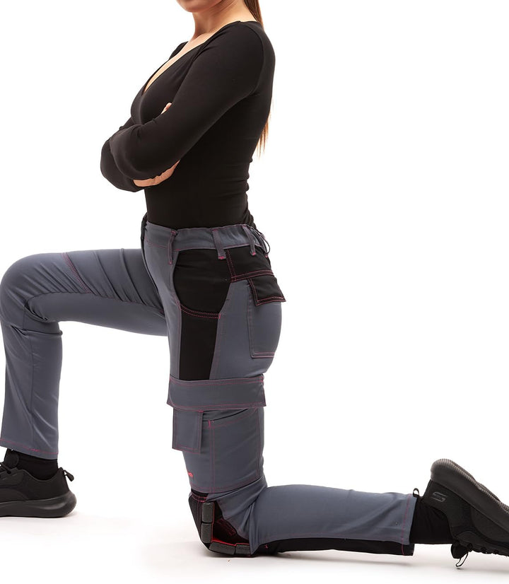 strongAnt Damen Arbeitshose komplett Stretch für Frauen Bundhose mit Kniepolstertaschen Schwarz Grau