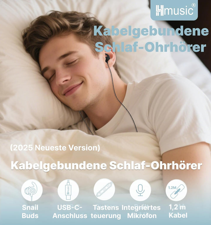 Hmusic Schlaf Ohrhörer, 30dB Geräuschisolierung, 2g leicht USB C Kopfhörer, flach/dünn Komfortable S