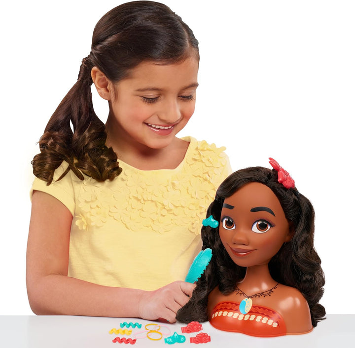 Just Play Disney Princess Moana Frisierkopf mit Zubehör, 14-teilig, schwarzes Haar, braune Augen, Ki