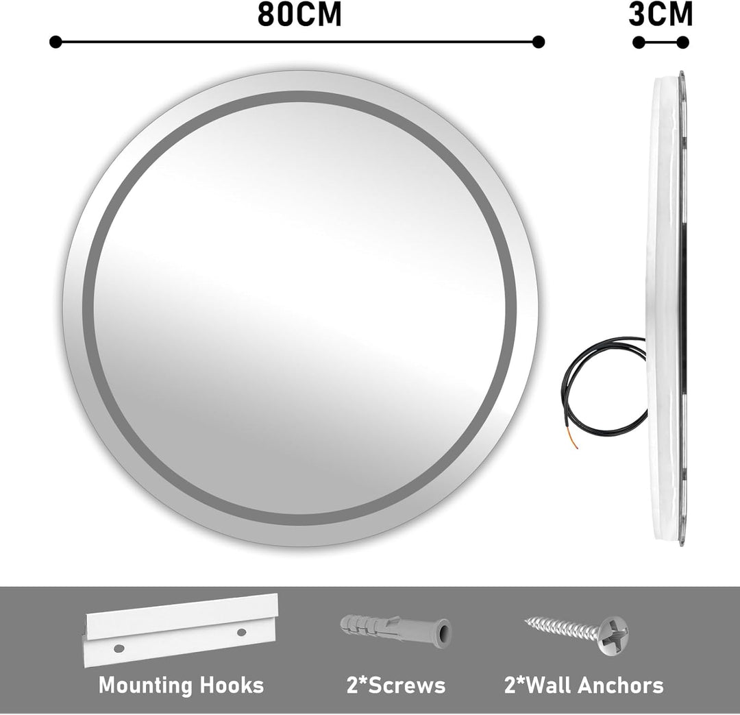 Bluetooth Badezimmerspiegel mit Beleuchtung, 80cm Runder Spiegel mit Beleuchtung, Wandspiegel mit Fr