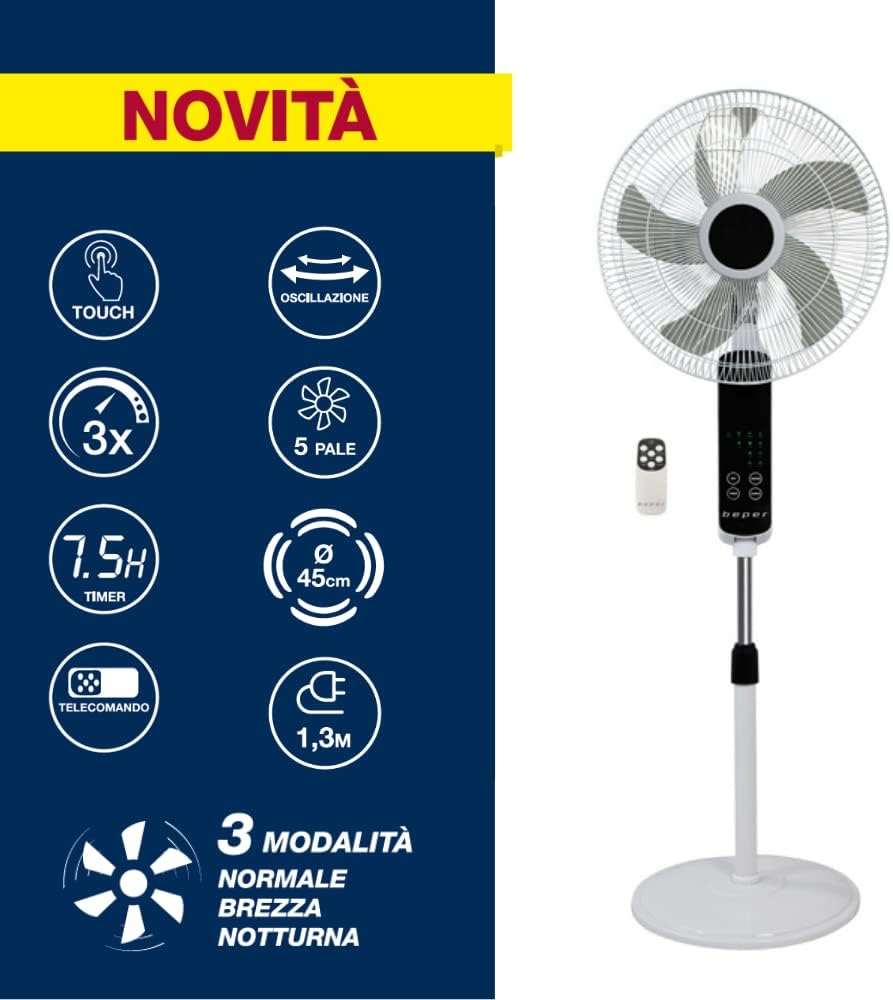 BEPER VE.112 Standventilator Touch Screen - Ventilator mit Fernbedienung, 55 W, 45 cm Touchscreen, T