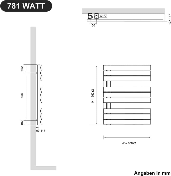 SONNI Badheizkörper Flach Handtuchtrockner 762 x 600 mm Weiss Handtuchwärmer Seitenanschluss Panel H