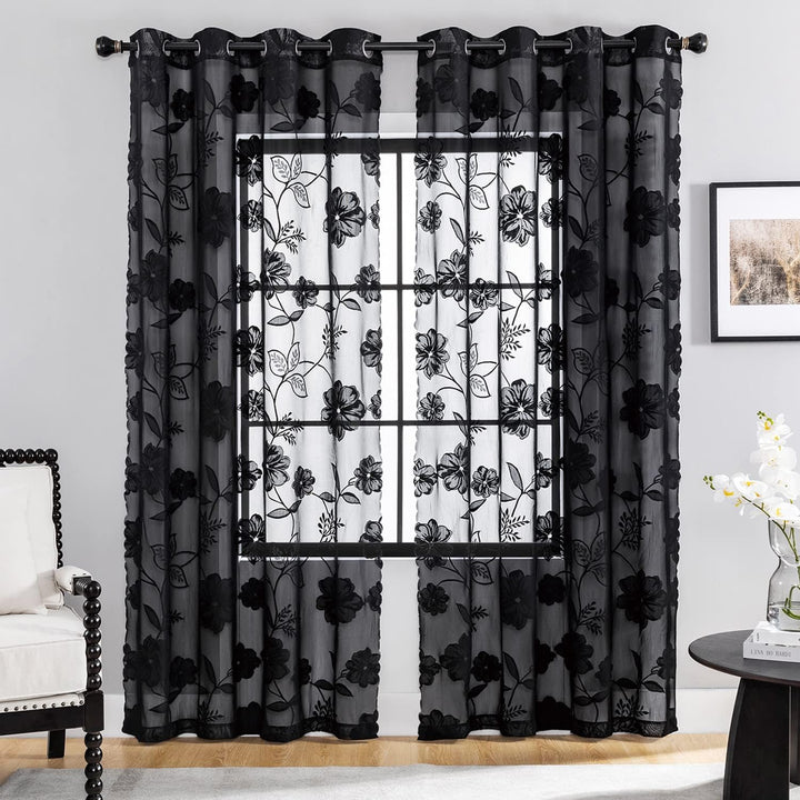 Treatmentex Spitze Vorhang Jacquard Gardinen mit Ösen Schwarze 3D Blumenmuster Halbtransparente Vorh