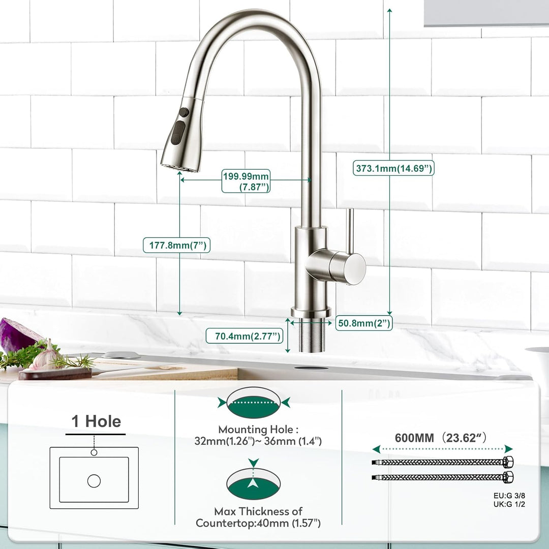 CREA Hochdruck Wasserhahnküche, Küchenarmatur mit 3 Funktionen Brause, Mischbatterie, Ausziehbar, 36