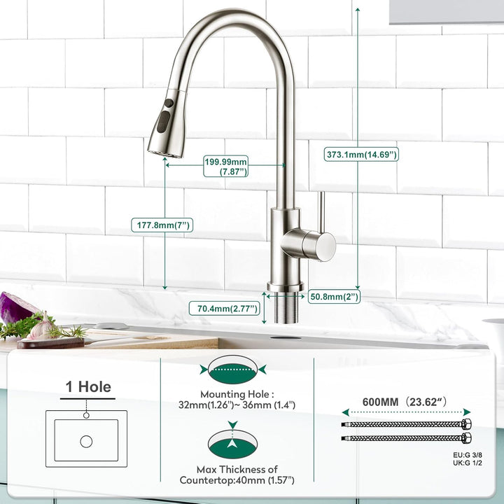 CREA Hochdruck Wasserhahnküche, Küchenarmatur mit 3 Funktionen Brause, Mischbatterie, Ausziehbar, 36