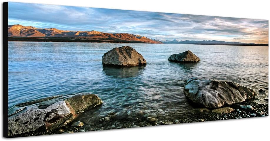 Paul Sinus Art Panoramabild auf Leinwand und Keilrahmen 120x40cm Neuseeland Wasser Felsen Wolkenhimm