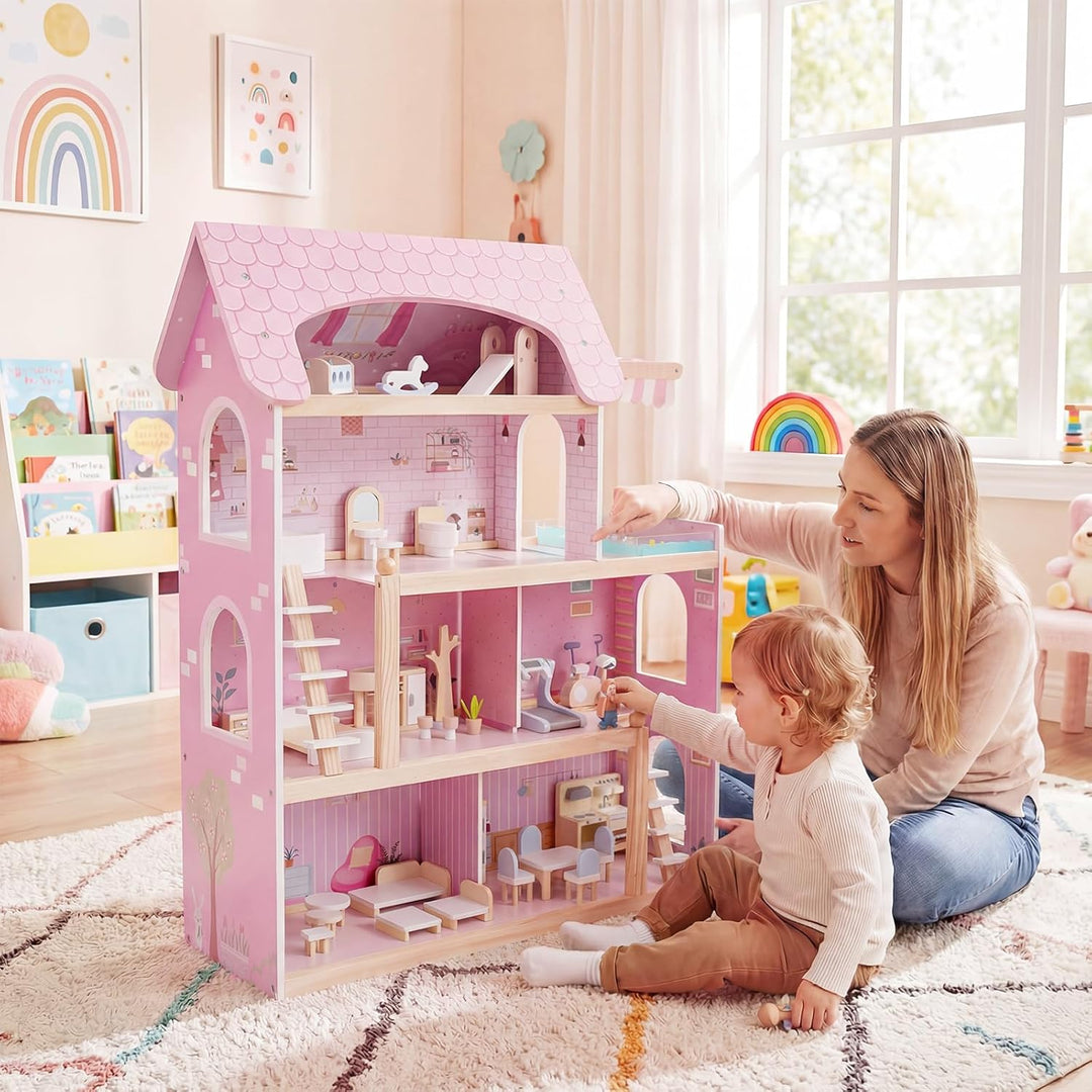 COSTWAY Puppenhaus Holz, Kinder Dollhouse mit 33 Möbelstücken, Puppenstube mit Balkon & Pool, Puppen