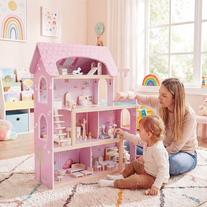 COSTWAY Puppenhaus Holz, Kinder Dollhouse mit 33 Möbelstücken, Puppenstube mit Balkon & Pool, Puppen