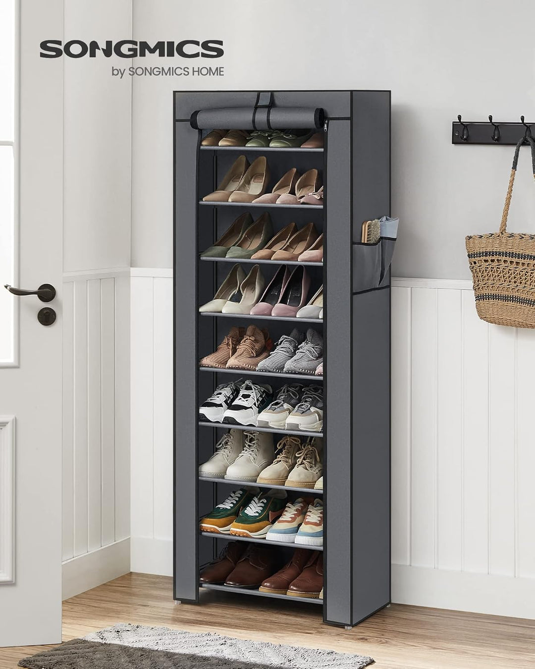 SONGMICS Schuhregal mit 10 Ebenen, 28 x 58 x 160 cm, Schuhschrank, Schuhaufbewahrung, mit staubdicht