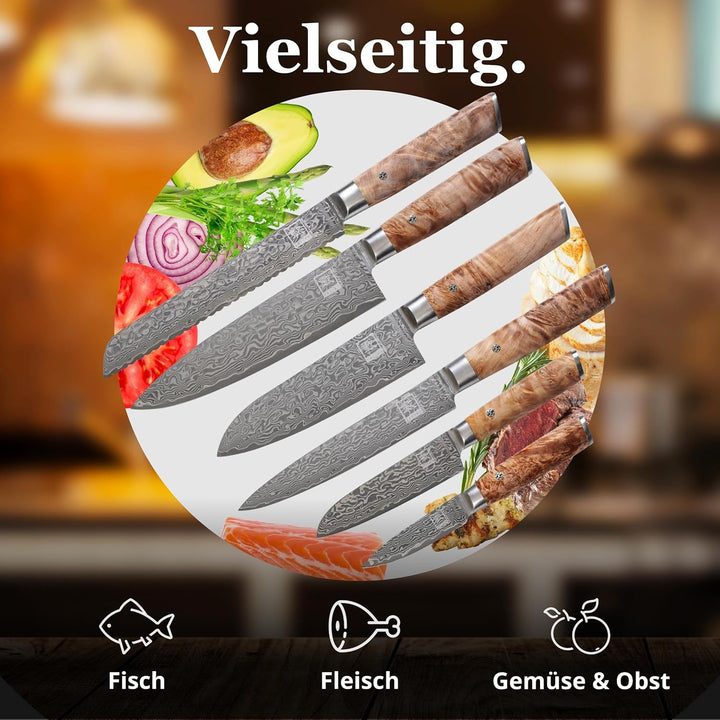 Wakoli Edib 6er Damastmesser Set mit Klingenlängen von 8,50cm bis 20,50cm extrem scharf aus 67 Lagen