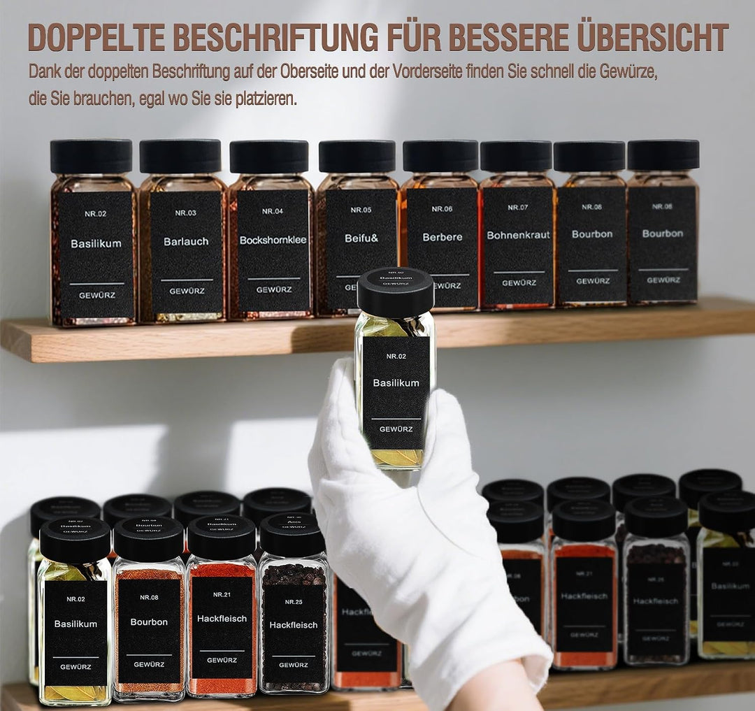 Mocraft 24 Gewürzdosen Eckig Schwarz 120ml, mit 200 Gewürzetiketten Gewürz Organizer 10,5 x 4,5 cm G