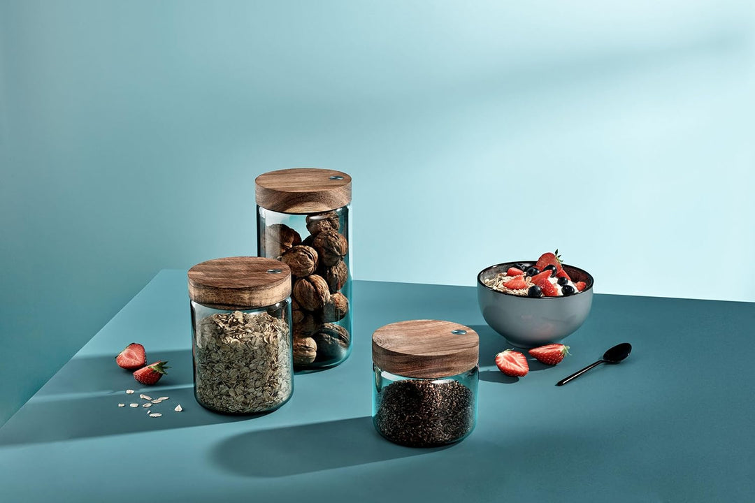AdHoc PureJar Vorratsdose Glas mit Holzdeckel – Borosilikatglas, luftdichter SoftSeal Verschluss, Ak