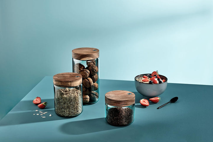 AdHoc PureJar Vorratsdose Glas mit Holzdeckel – Borosilikatglas, luftdichter SoftSeal Verschluss, Ak