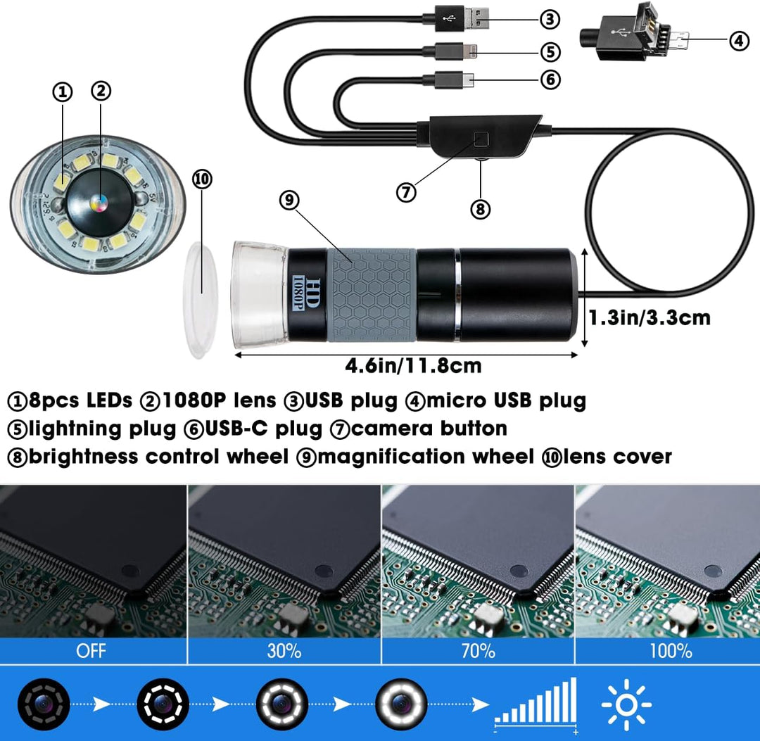 Jiusion 1080P USB Digitales Handheld Mikroskop, 50 bis 1000X Vergrösserung Endoskop Full HD 1920x108