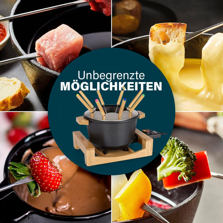 Princess Bambus Fondue Pure Black - geeignet für bis zu 8 Personen, 800 Watt, 1,5L Fasssungsvermögen