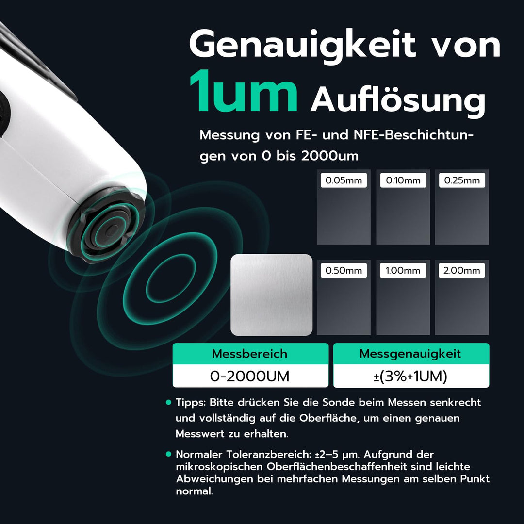 Tolesum Digitales Schichtdickenmessgerät, Lackmessgerät Auto mit Tragbarem Seil,0-2000 um Lackdicken
