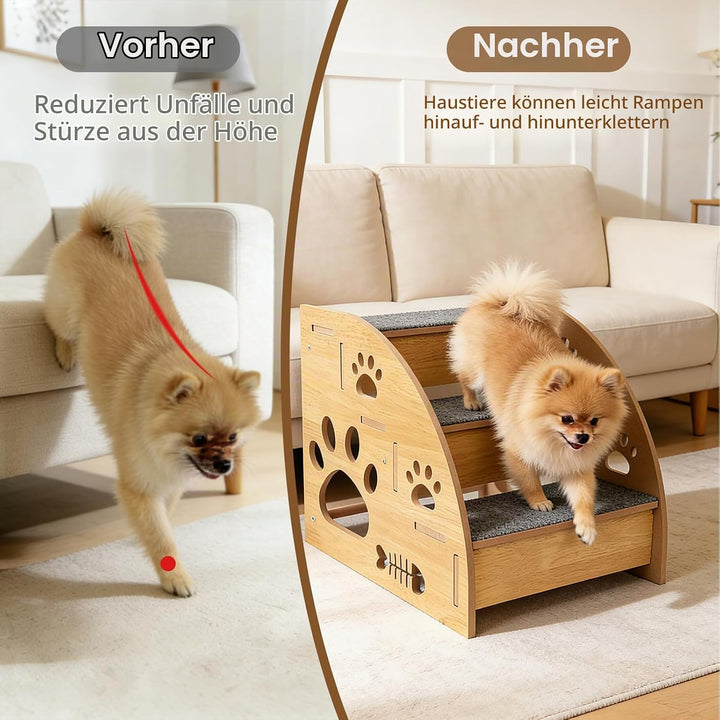 Hundetreppe für Kleine Hunde, Holz Haustiertreppe 3 Stufen Hunderampe für Bett Sofa Balkon, Stabi Ru