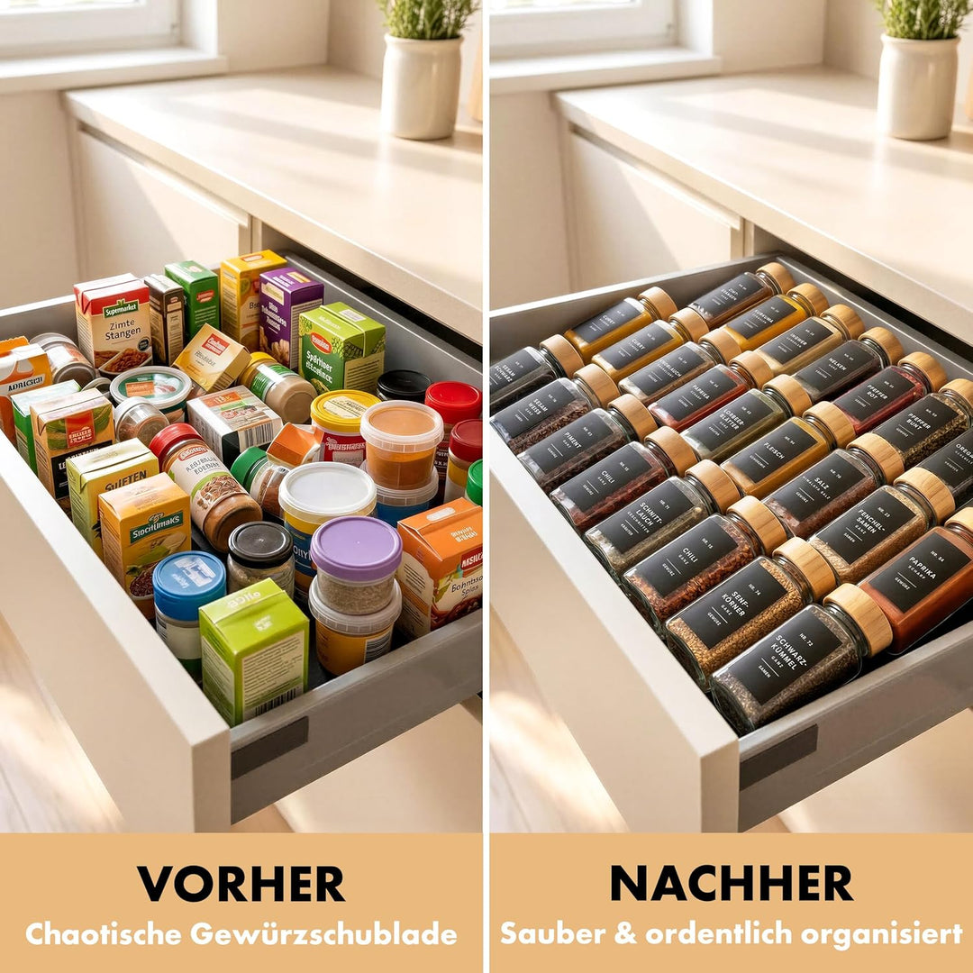 EDELHAUS® Gewürzgläser Eckig mit Bambus Holzdeckel (24 Stück) Gewürzdosen mit Streueinsatz und 240 E