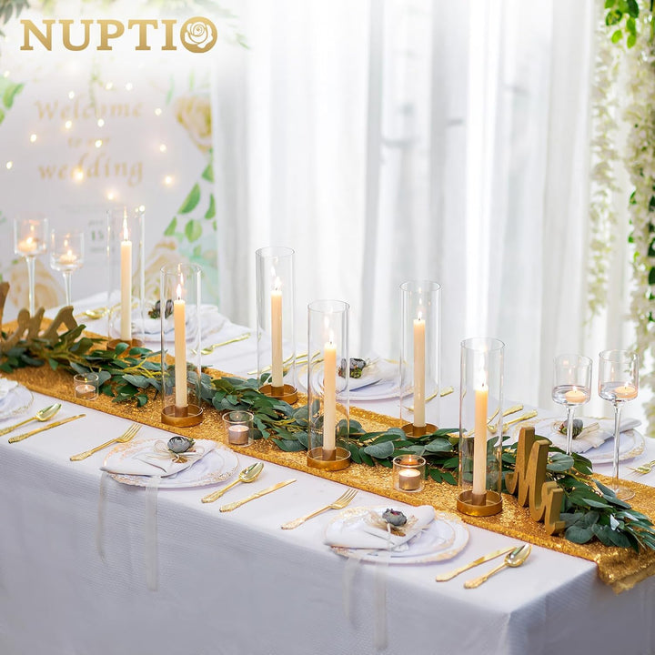 NUPTIO Glaszylinder für Kerzen Kerzenhalter Gold: 30cm Satz von 2 Klarglas Metall Kerzenständer Stab