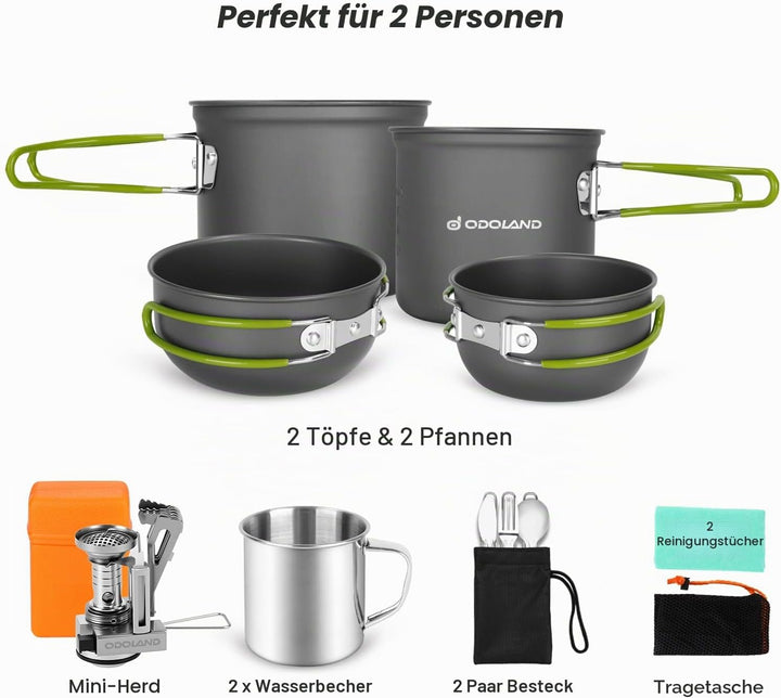 Odoland Camping Geschirr Set 16 PCS für 2 Personen Outdoor Kochgeschirr aus Aluminium und Edelstahl