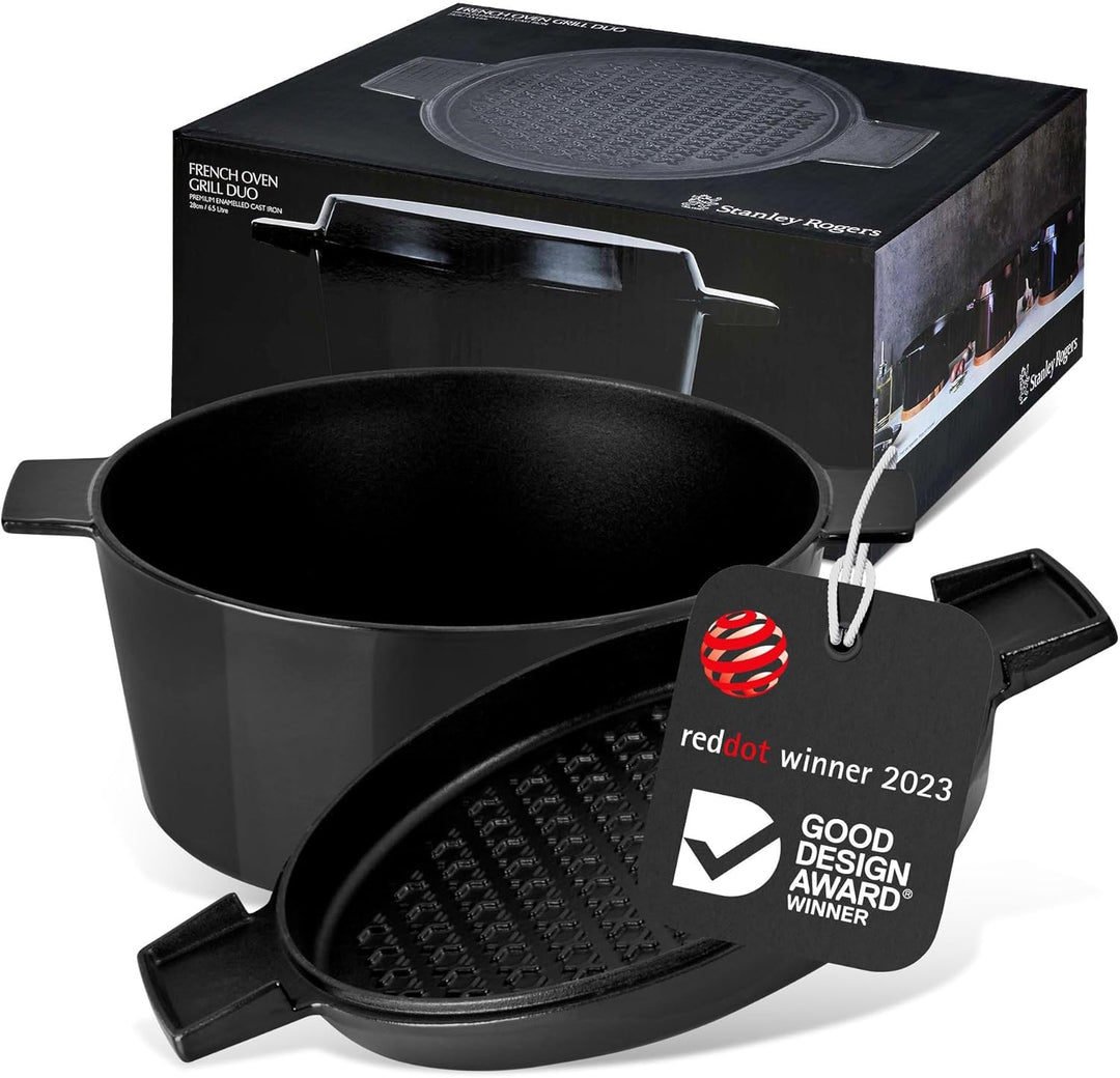 Stanley Rogers Cocotte runder Gusseisen Bräter emailliert 6,5l 28cm schwarz I Praktische Grillpfanne