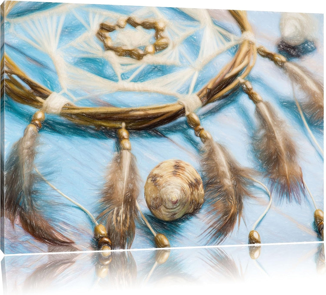 Pixxprint Traumfänger mit Federn als Leinwandbild/Grösse: 100x70 cm/Wandbild/Kunstdruck/fertig bespa