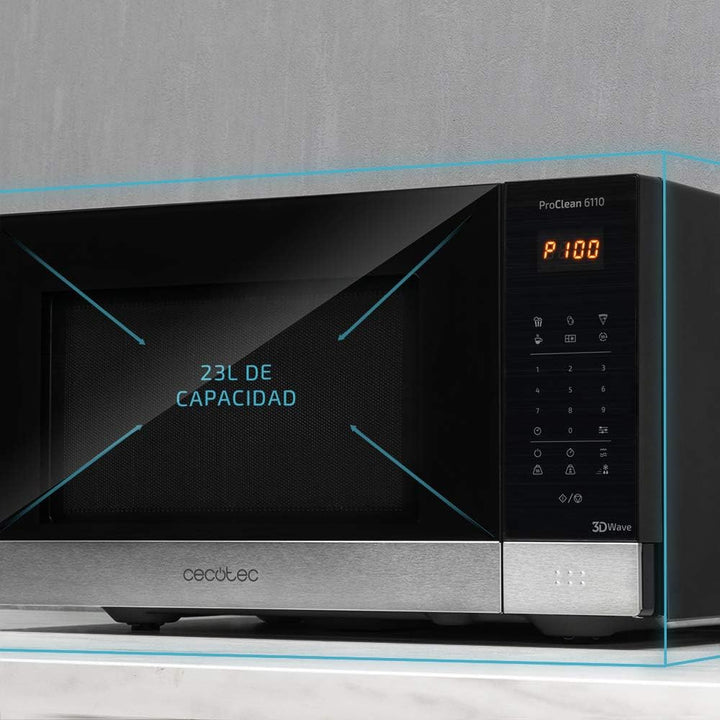 Cecotec Mikrowelle Pro Clean 6110. 800 W, Grill 1000 W, 23 L, Ready 2 Clean Beschichtung 3D Wave Fro