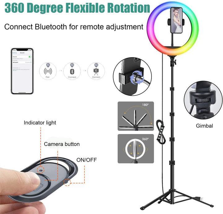 Ringlicht mit Stativ Handy, 10 Zoll Ringleuchte 3 Tageslicht +47 RGB-Modi Selfie Led Ring Light with