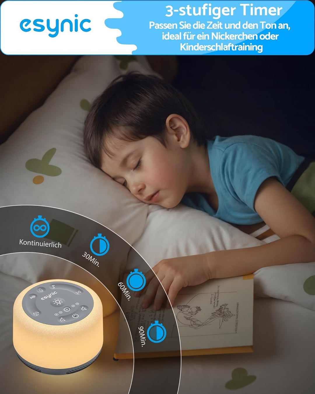 eSynic White Noise Machine Baby Weisses Rauschen Einschlafhilfe LED Stilllicht mit 30 Klänge & 7 Far